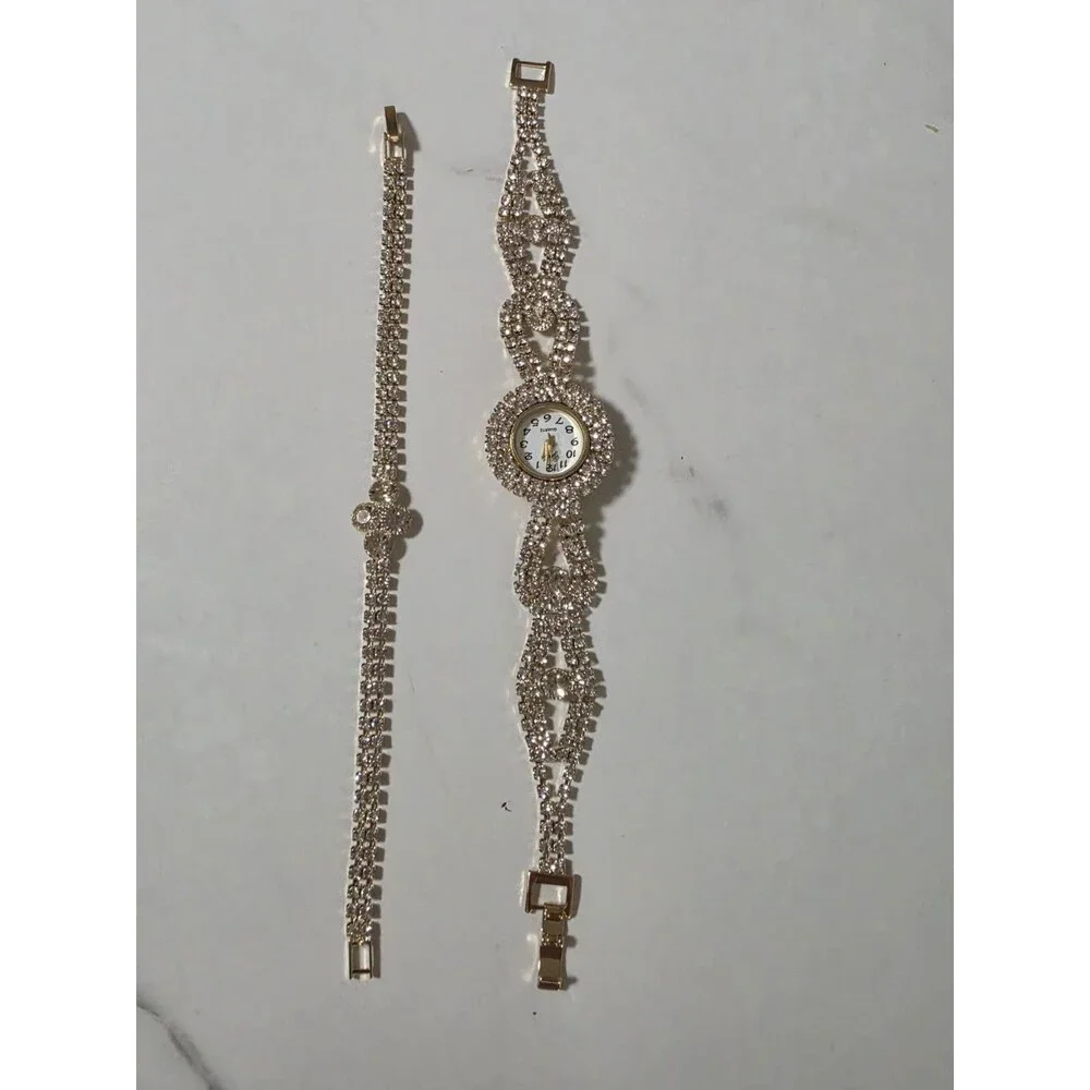 Clover Embellished Rhinestone Watch and Bracelet Set